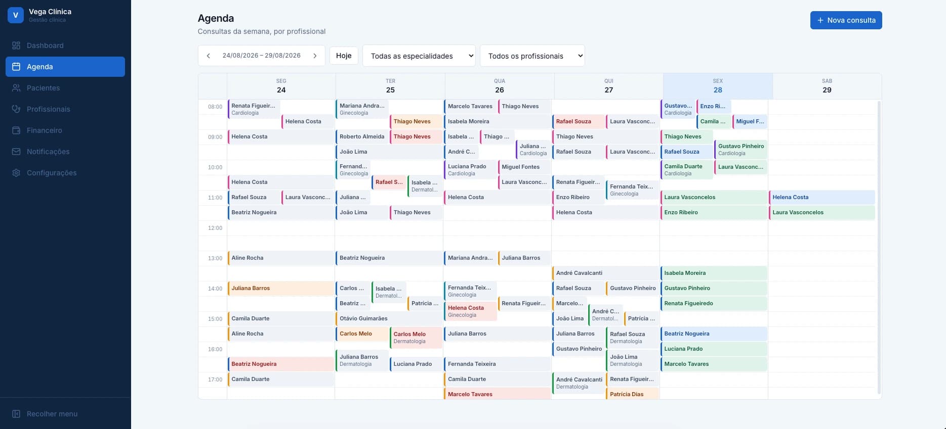 Agenda semanal do sistema: consultas de segunda a sábado, das 8h às 17h, em colunas por dia e blocos coloridos por especialidade.
